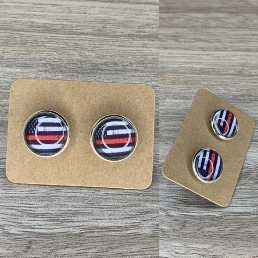 Thin Red Line Flag Firefighter 12mm cabochon round earring set new